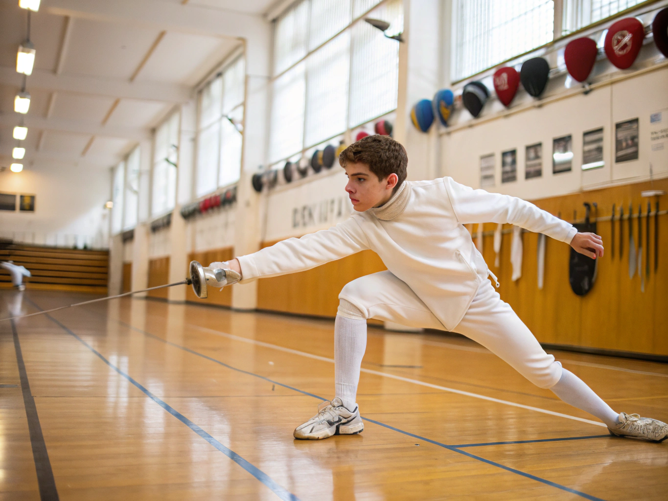 Young fencer confidently holding a foil during practice