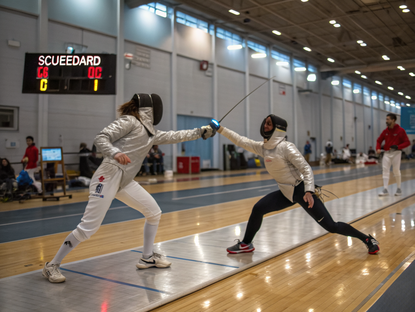 Focused fencers engaged in a disciplined practice bout